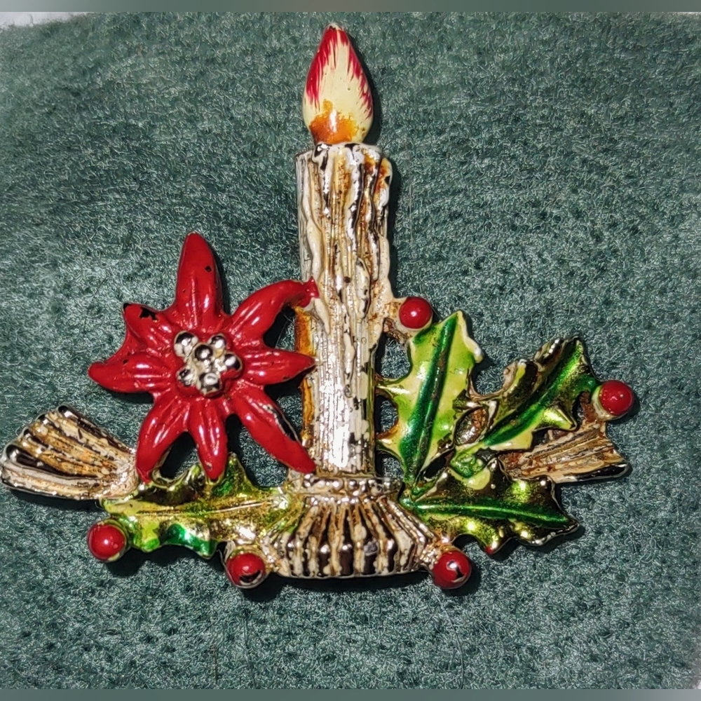 Candlestick with Flame, Green Holly & Red & Gold Poinsettia Vintage Brooch